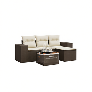 Ensemble de canapés de jardin Mimave en rotin PE brun avec coussins crème, design contemporain imperméable - Product Image 1