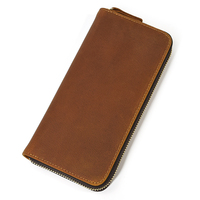 Hot Koop Crazy Horse Lederen Vintage Mobiele Telefoon Portemonnee Mannen Bruin Rits Lange Portemonnee Lederen Mannen Portefeuilles