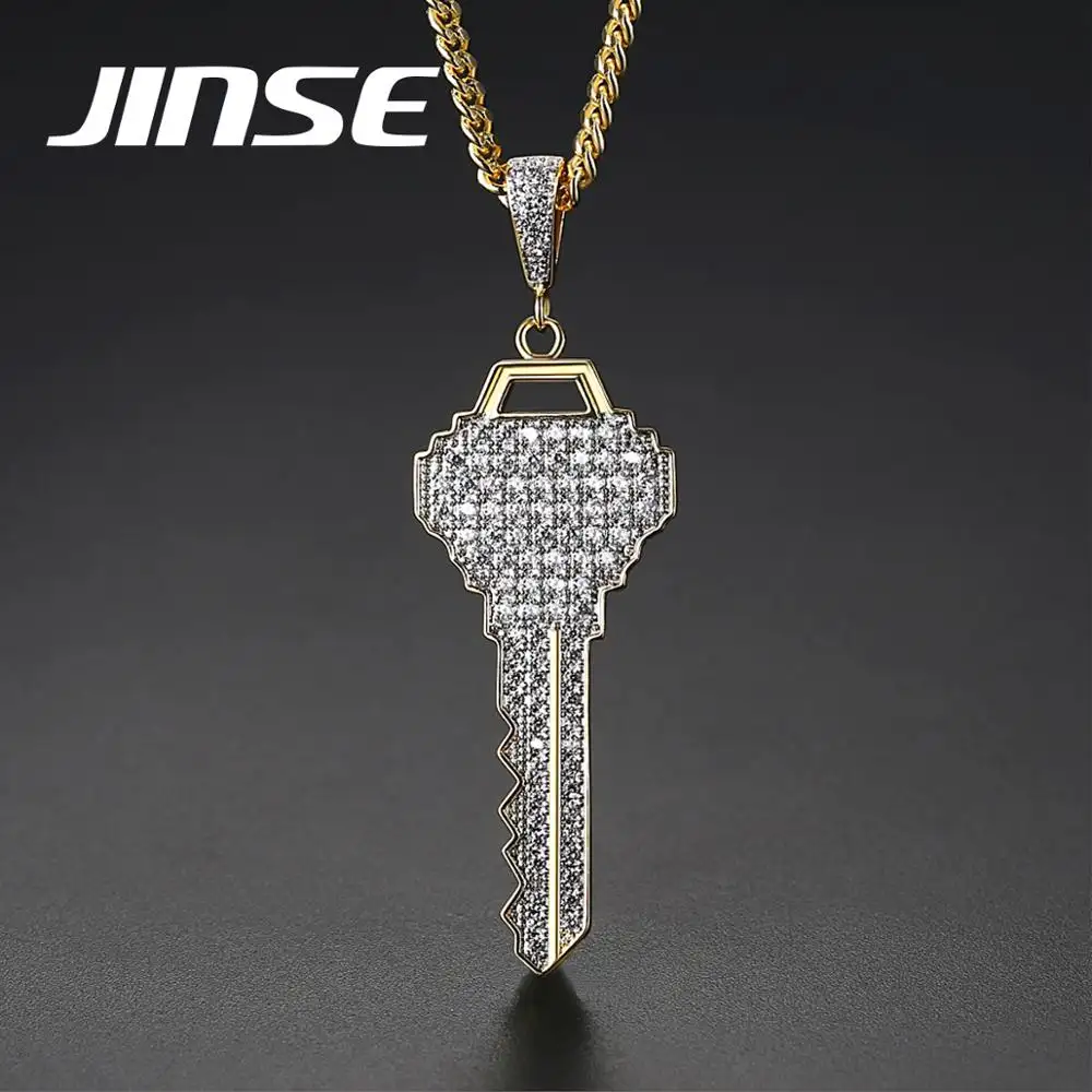JINSE Men Women A AA Zircon Key Pendant Gold Color Copper Material Iced CZ Key Pendant Necklace Cuban Chain Hip hop Jewelry