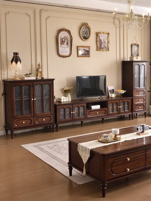 American Solid Wood Living Room Furniture 3-pieces Set, TV Stand with Fluted Glass Doors, 3-Piece Media Console & Display Units