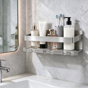 Estante de metal para baño montado en la pared con ganchos Estantes de almacenamiento de acero inoxidable Sin perforación Estante de champú de ducha simple transfronterizo - Product Image 3