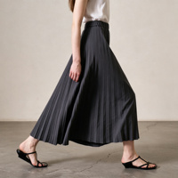Rok Midi Lipit Abu-Abu Tua Wanita, Rok A-Line Elegan Berpinggang Tinggi, Rok Kasual Berpinggang Elastis Serbaguna