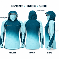Chemise de pêche à capuche personnalisable avec logo, manches longues, protection UPF 50, en polyester, avec cache-cou, poche poitrine zippée, empiècements en mesh et lingette pour lunettes