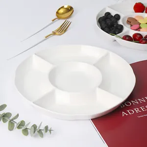 Plato de cerámica personalizado, 5 compartimentos, blanco, para aperitivos, fruta, almuerzo dividido, bandeja redonda para servir comida