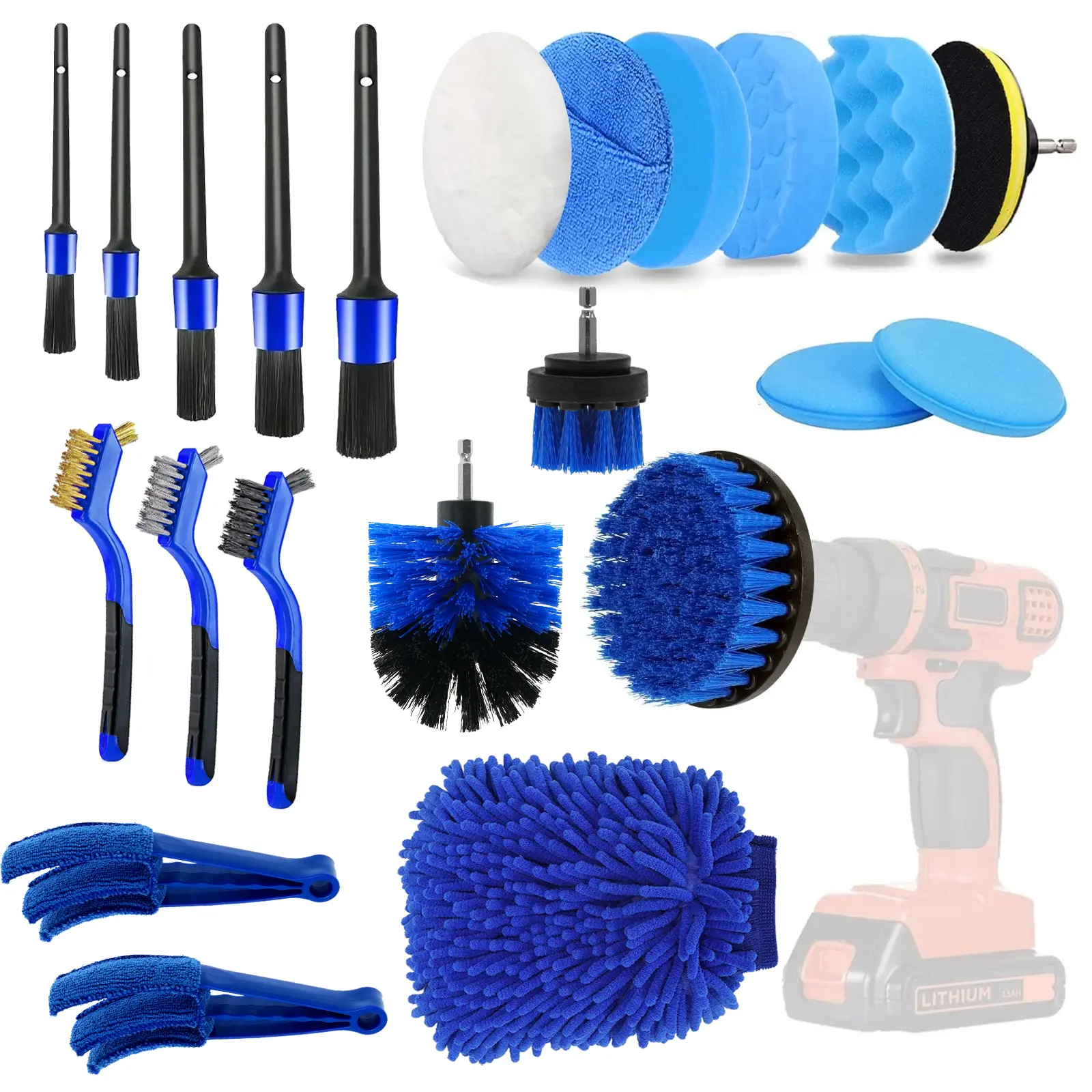 Kit de brosses pour voiture, 22 pièces, nettoyage intérieur avec perceuse automatique, brosse douce, éponge, tampons de polissage