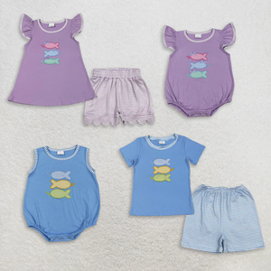 New Baby Girls Boys Fish Applique Short Sleeve <b>Top</b> Striped Shorts Outfit <b>Bubble</b> Romper Sibling Matching Clothes for Toddlers - Product Image 1