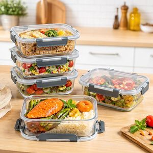 5個セット 1060ml ガラス製食品保存容器セット 密閉型ミールプレップボックス 蓋付き スタッカブルランチボックス キッチン、オフィス用 - Product Image 4