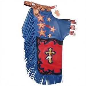 Cuissardes en cuir pleine fleur Western avec applique étoiles et croix, franges bleues, logo frontal sur la ceinture, taille haute, unisexe, pour le Rodeo, fabriquées à la main - Product Image 1
