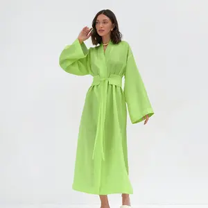 2023 New Arrival Linen Cotton Robe Dress Ties Up Waist High Split Ladies Casual Midi Dress