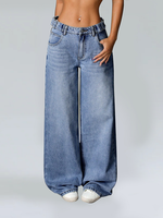 Pantalon en jean décontracté d'été pour femme, coupe ample, tissé, jambe large, délavé, longueur ras du sol, taille basse avec ceinture à trous