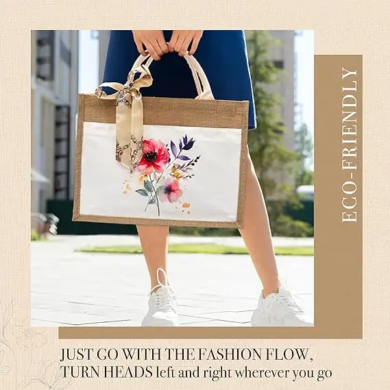 Sac fourre-tout en jute recyclé imperméable à l'eau avec broderie florale sur le devant