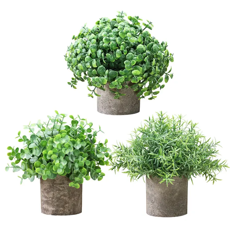 3er Pack Mini Topfpflanzen Künstlicher Eukalyptus Buchsbaum Rosmarin Grün in Töpfen ll für Indoor Greenery Tabletop Decor