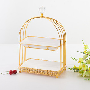 Alas Kue Berbentuk Sangkar Burung Logam Emas Romantis dengan 2 dan 3 Tingkat Piring Keramik untuk Acara Hari Valentine - Product Image 1
