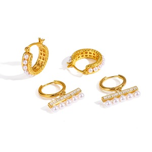 ต่างหูห่วงมุก ชุบทอง 18k สแตนเลสสตีล แบบฝังเพชร สำหรับใส่ทุกวัน เครื่องประดับผู้หญิง TE60705 - Product Image 5