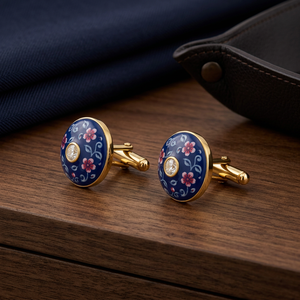 Boutons de manchette de luxe personnalisés faits à la main en laiton, style poterie bleue de Jaipur, émail floral, cristal, pour homme, pour occasions formelles, fêtes, anniversaires - Product Image 6