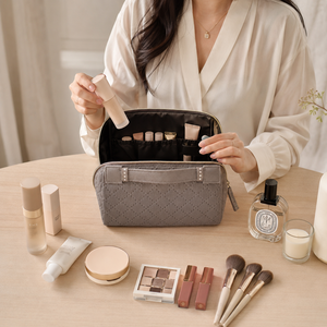 Grey Velvet Quilted Cosmetic <b>Case</b> with <b>Makeup</b> Brush Holders and Double Zippers for Women Travel Beauty Storage - Product Image 6