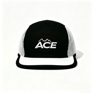 Casquette de camping personnalisée 5 panneaux en toile, corps noir, bordure blanche, broderie ACE Montagne, impression par sublimation, séchage rapide, respirante, pour l'extérieur - Product Image 3