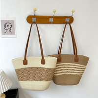 Grand sac fourre-tout en polyester à rayures pour l'été, sac à main en paille pour femme, sac à bandoulière en paille avec poignée, poignée en PU écologique