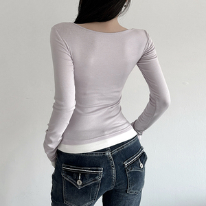 Camiseta de Punto con Capas de Color en Contraste para Mujer, Cuello en V, Manga Larga, Blusa Informal de Moda para Otoño e Invierno - Product Image 2