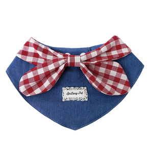 Babero triangular de mezclilla BaLang para mascotas con lazo rojo a cuadros para perros y gatos, accesorios lavables para mascotas para todas las estaciones - Product Image 4