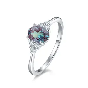 Rainbow925 Sterling Silver Vintage Oval Cut Alexandrite Wedding Promise Ring Dainty Birthday Stone Ring For Women