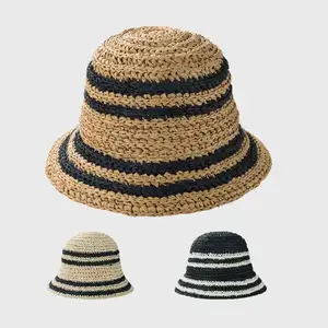 Hot Sale Breathable Striped Braid Floppy Fedora Custom Logo Straw Hats Wide Brim Raffia Crochet Soft Fold Paper Bucket Hats