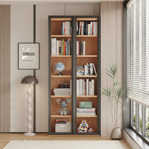 Modern Wood Bookcase With Glass Doors 6 Shelves <b>Storage</b> <b>Unit</b> For Home Office Living Room Furniture - Product Image 2
