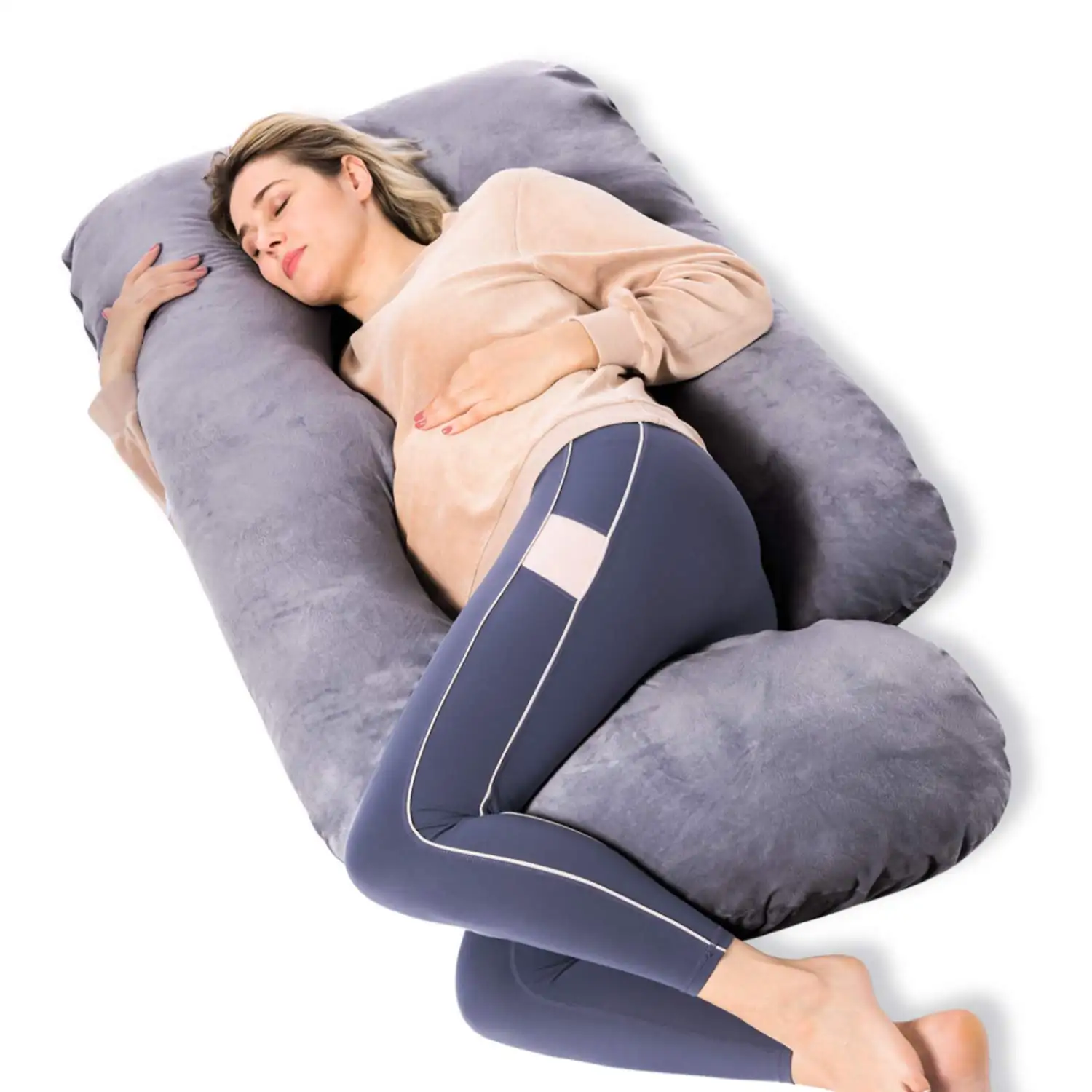 Almohada de maternidad en forma de U de tamaño de cuerpo grande, almohada de embarazo de soporte lateral para dormir sobre el estómago con funda de almohada de terciopelo suave