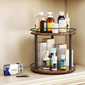 Étagère de rangement de cuisine rotative en bois à double couche, étagère de bureau domestique, boîte de rangement pour épices en bois - Product Image 1