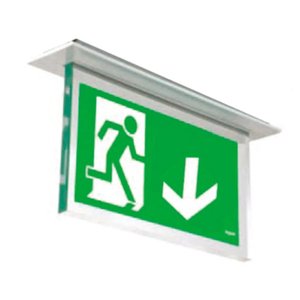 Luminaria per segnaletica di uscita di emergenza 20 M con freccia verso il basso e simbolo dell'uomo che corre verde e bianco per illuminazione di sicurezza - Product Image 1