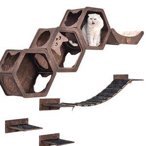Cama rústica de lujo para gatos de interior, cama para gatos montada en la pared, percha de madera maciza, hamaca moderna para gatos, rascador multifuncional - Product Image 1