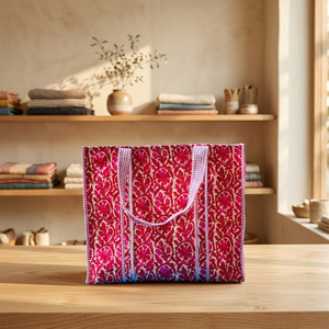 Bolsa de Lona Estilo Bohemio con Estampado Floral en Rojo y Crema, Diseño Abierto, para Compras y Uso Diario - Product Image 2