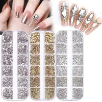 Vente en gros de 12 grilles de charmes pour ongles transparents, strass scintillants AB à dos plat, cristaux pour la décoration des ongles et l'artisanat en 6 tailles