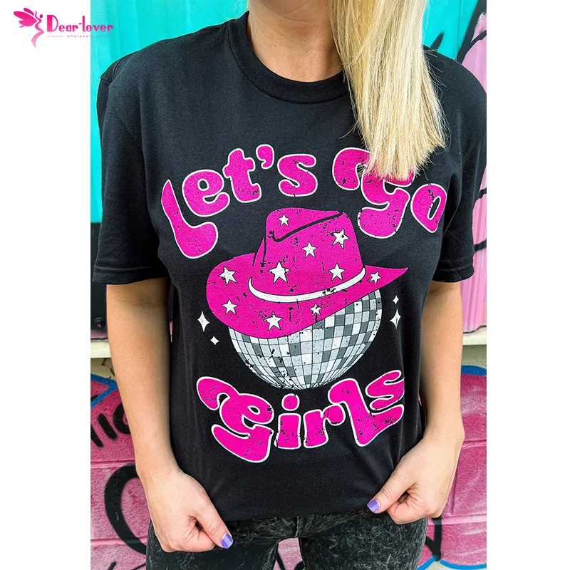 Custom Wholesale High Quality Short Sleeve Black Let's Go Girls Western Graphic Print Women T Shirt