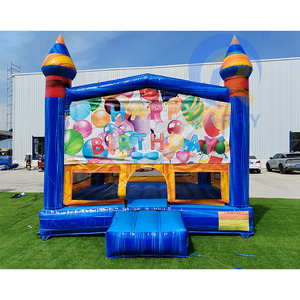 Château gonflable à thème anniversaire avec tourelle arc-en-ciel bleue pour fêtes d'enfants et location commerciale pour carnavals - Product Image 4