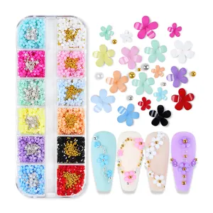 Hot Sales 12 grid mixed pearl resin five petal Flower Nail Charm Ornament Accessories 3D Nail Art Decoration Flower