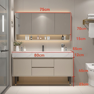 Sleek Warm-Tone Bathroom <b>Cabinet</b> Smart Mirror <b>Cabinet</b> with White Marble Top Washbasin Floor-<b>Mounted</b> <b>Cabinet</b> Body - Product Image 4