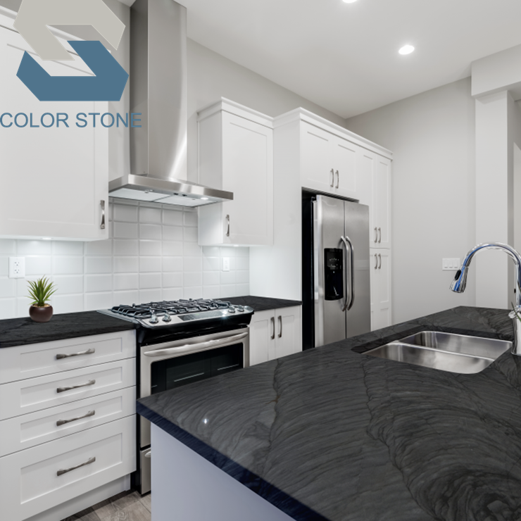 Блестящий черный кварцит, кухонные столешницы, Рабочий стол