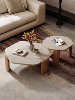 Table basse moderne en travertin naturel et bois massif, style Wabi-Sabi, design polygonal, pour salon, boutique