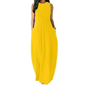 Conyson Hot Summer Maxi Custom Logo Short Sleeve Women Sundress Solid Loose Pockets Ladies Women Fashion Casual Long Dress