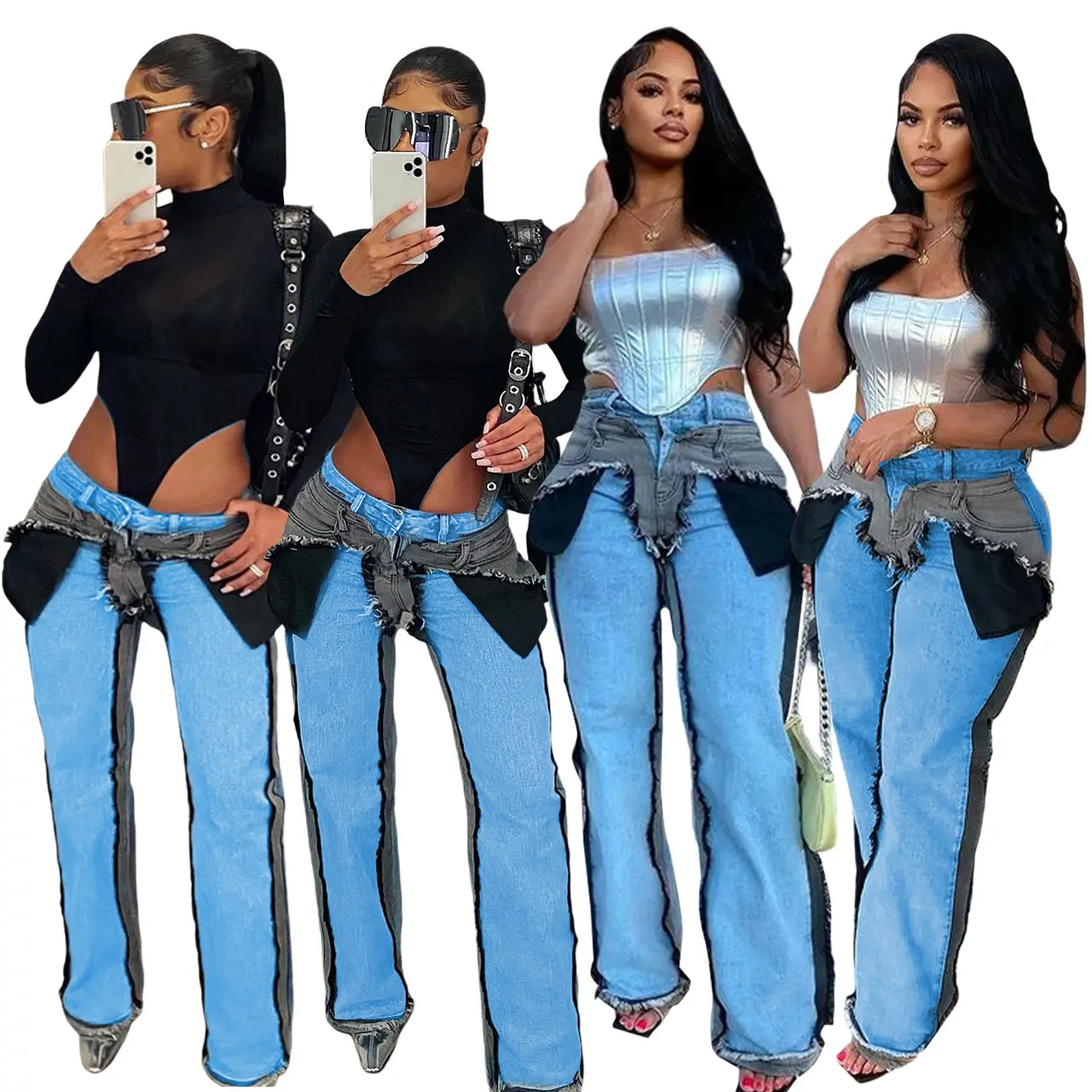 2023 otoño nuevo estilo de talla grande recto de cintura alta Denim moda Vintage empalme flecos Streetwear Stretch Jeans para mujeres