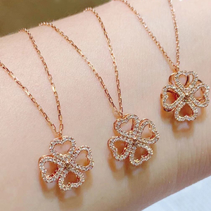 18K מוצק זהב VS טבעי יהלומי <span class=keywords><strong>4</strong></span> עלה תלתן תליון שרשרת עלה זהב מעודן נשים סיבוב קסם שרשרת - Product Image 1