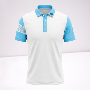 Vêtements de sport décontractés respirants avec logo sur la manche gauche, polo à manches courtes pour homme, blanc et bleu, tricoté en polyester. - Product Image 1