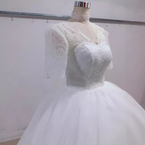 Lace Wedding Dress V-Neck Short Sleeve Princess Waistline Vintage Style for Women - Product Image 2