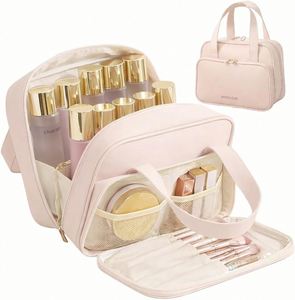 Women's Large Capacity Durable PU Leather Zippered Cosmetic Storage Makeup Pouch Fashion Letter Travel for Bag Soft Handle - Product Image 1
