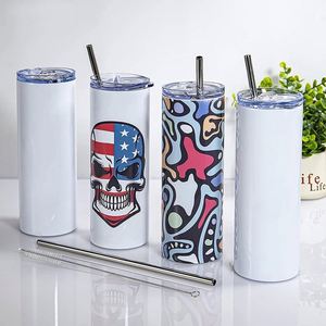 Gobelet isotherme droit et fin de 20 oz en acier inoxydable, à sublimation vierge, avec couvercle et paille, à revêtement pailleté - Product Image 6