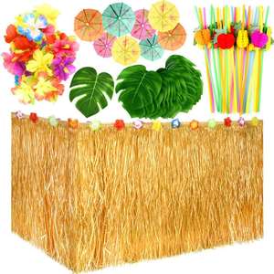 Feuilles de palmier tropicales fleurs d'hibiscus boisson parapluie pics pailles de fruits et <span class=keywords><strong>jupe</strong></span> de Table pour ensemble de décorations de fête hawaïenne - Product Image 1