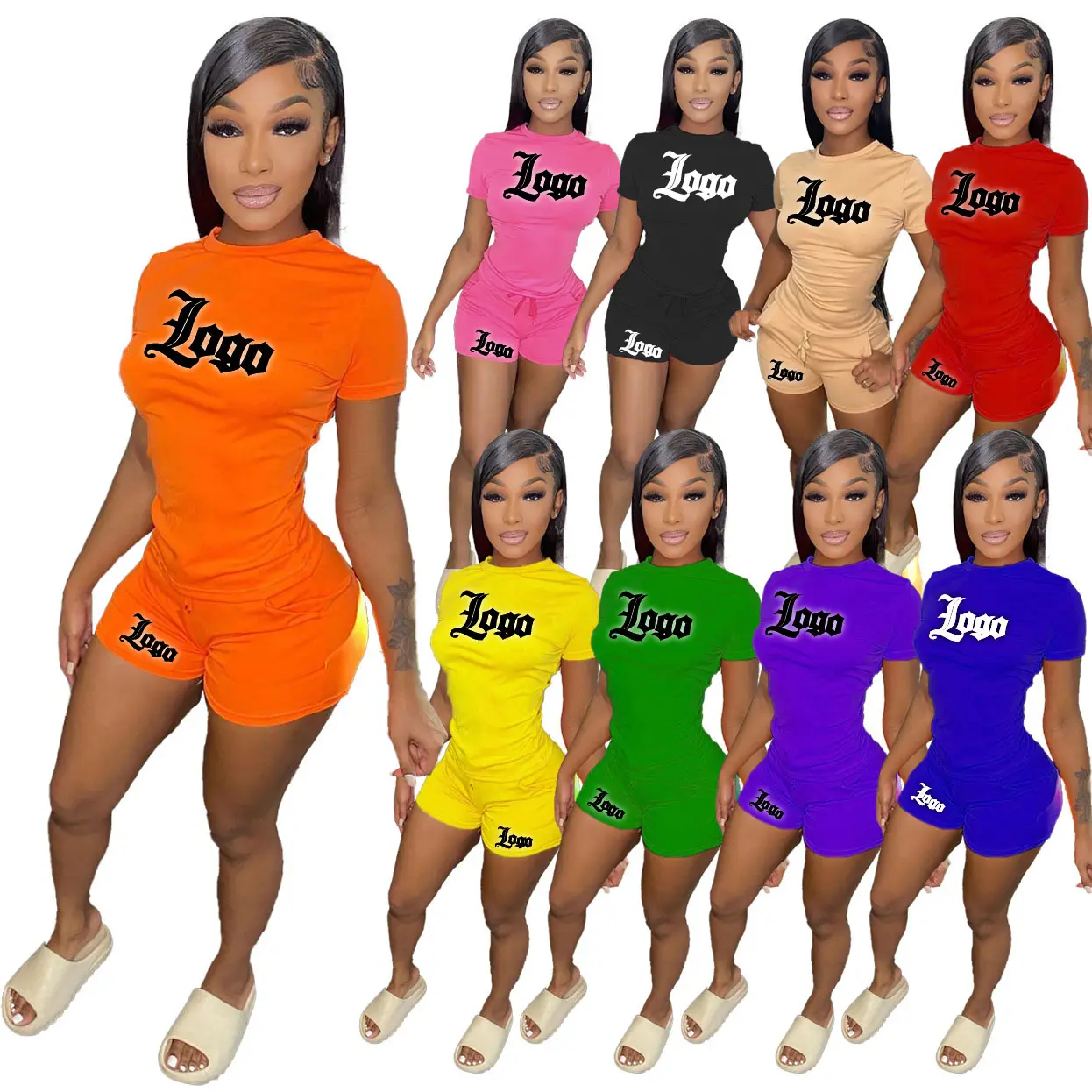 Custom Logo Summer Outfits Women Clothing T-shirt Matching Set Joggers Sweat Biker 2 2 Pieces Shorts Set Women