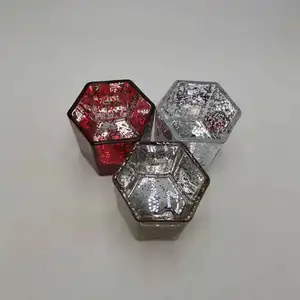 Silver Red Gold Mercury Geometric Glass Candle Holder Hexagonal Glass Candle Jar
