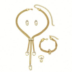 Korean Style Gold Plated Alloy Link Chain <b>Necklace</b> Earrings Versatile Finger <b>Ring</b> Set Trendy Fresh Crystal Niche Design - Product Image 6